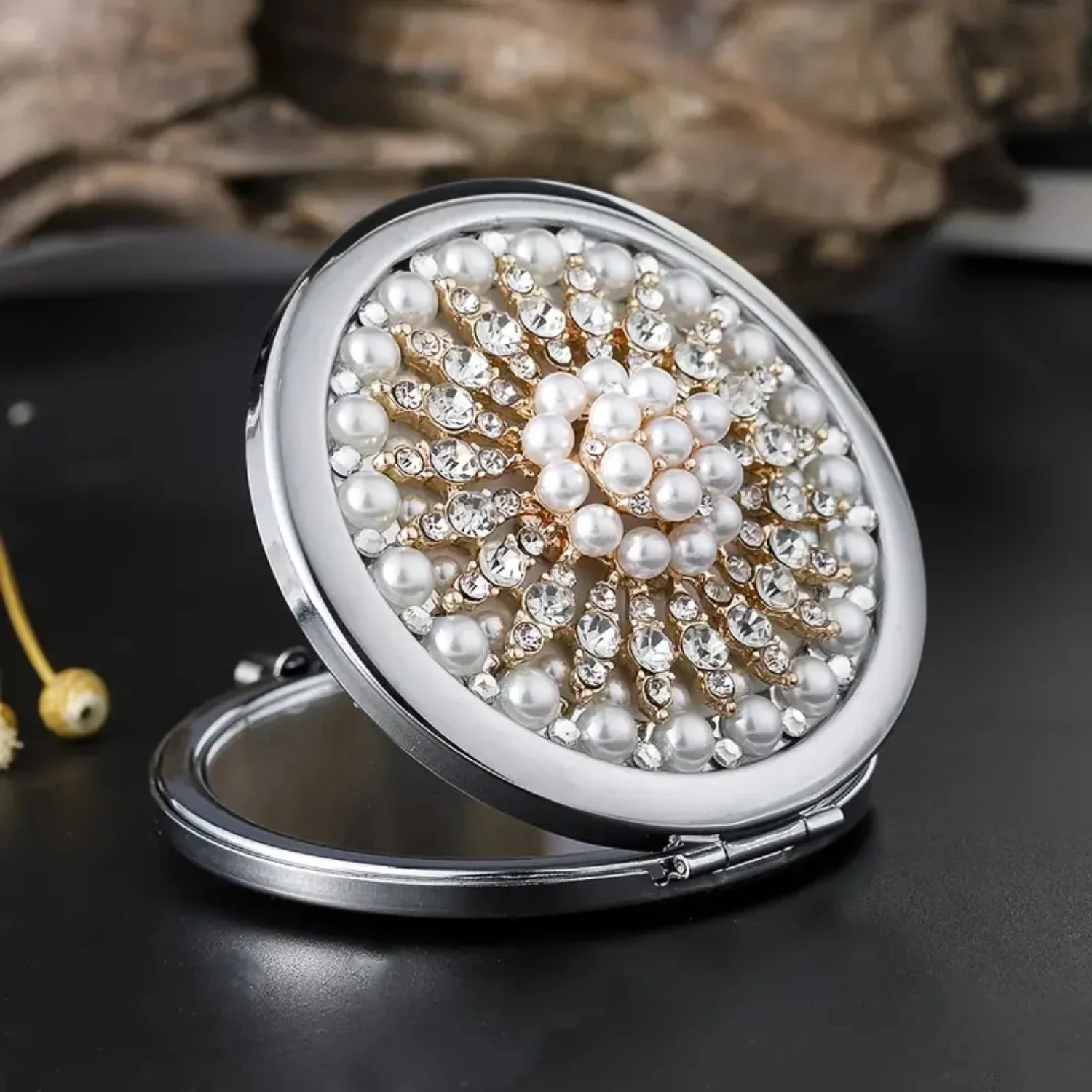 Mini Beauty Makeup Mirror, Vergrößerungsspiegel, Perlen-Schneeblumen-Design, elegantes Hochzeitsgeschenk