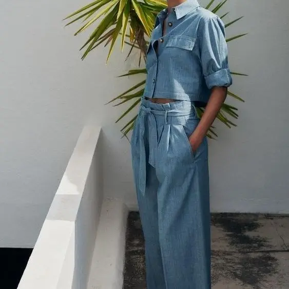 

Новинка 2024, Женская Повседневная универсальная рубашка-поло с коротким рукавом и воротником, прямые брюки-трубы с высокой талией и шнуровкой