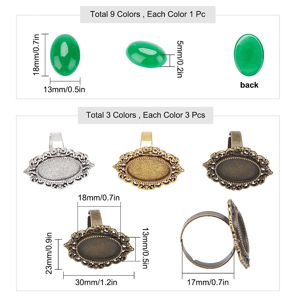 9Pcs Adjustable Blank Flower Cabochon Ring Bezel Settings Finger Ring Components with 9 Styles 18x13mm Cabochons for DIY Ring