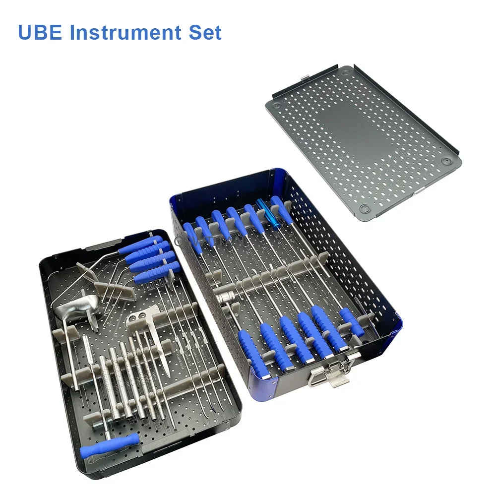 Spinal UBE Instruments Set  Autoclavable Unilateral Biportal Endoscopic Instrument with Sterilising Trays Box Stainless steel