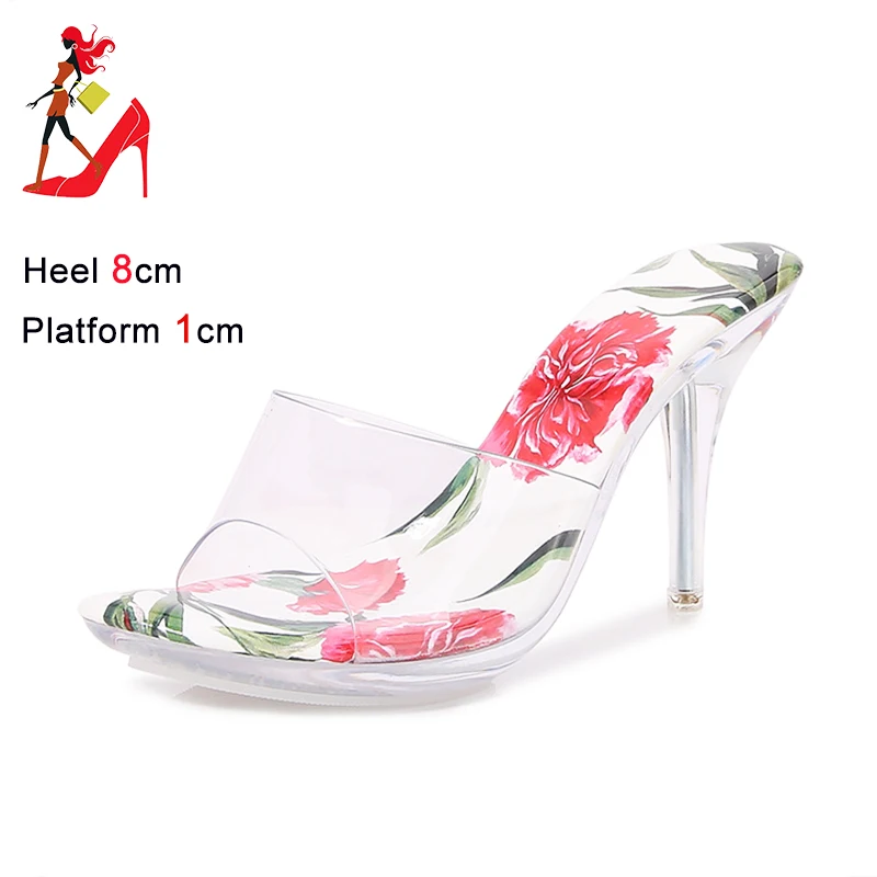 

Print Insole Transparent Slippers For Lady 8CM High Heels 2026 New Clear Crystal Heel Summer Perspex Sandals Summer Women Shoes
