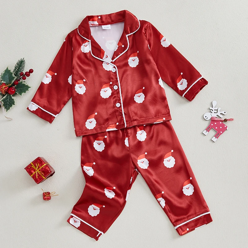 Weihnachts-Pyjama-Set für Kleinkinder, Mädchen, Weihnachtsmann-Aufdruck, Hemden, Oberteile, lange Hosen, Satin, 2-teilig, Lounge-Anzug, Nachtwäsche