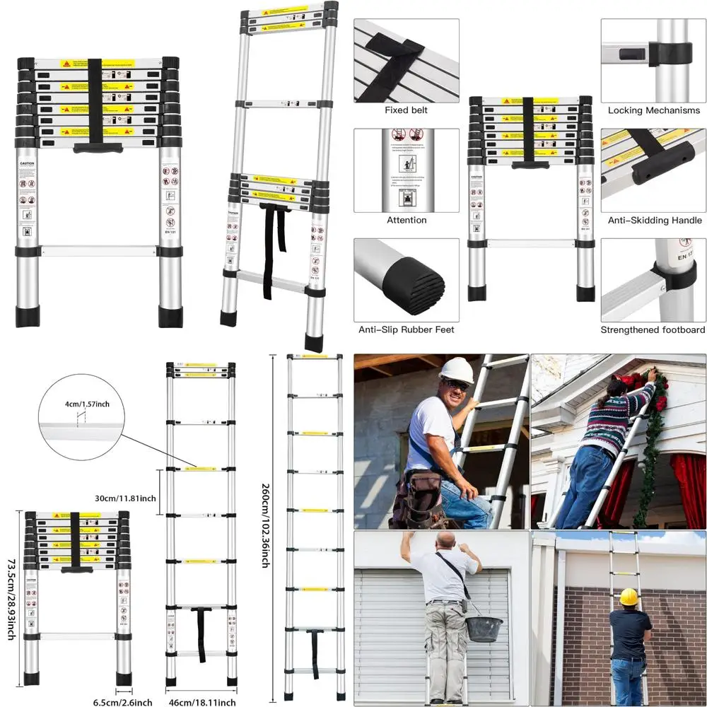 

Алюминиевая удлинительная лестница 8,5 футов/2,6 м Стандарты EN131, идеально подходит для автофургонов, чертиков, семейного использования, работы на открытом воздухе и многого другого
