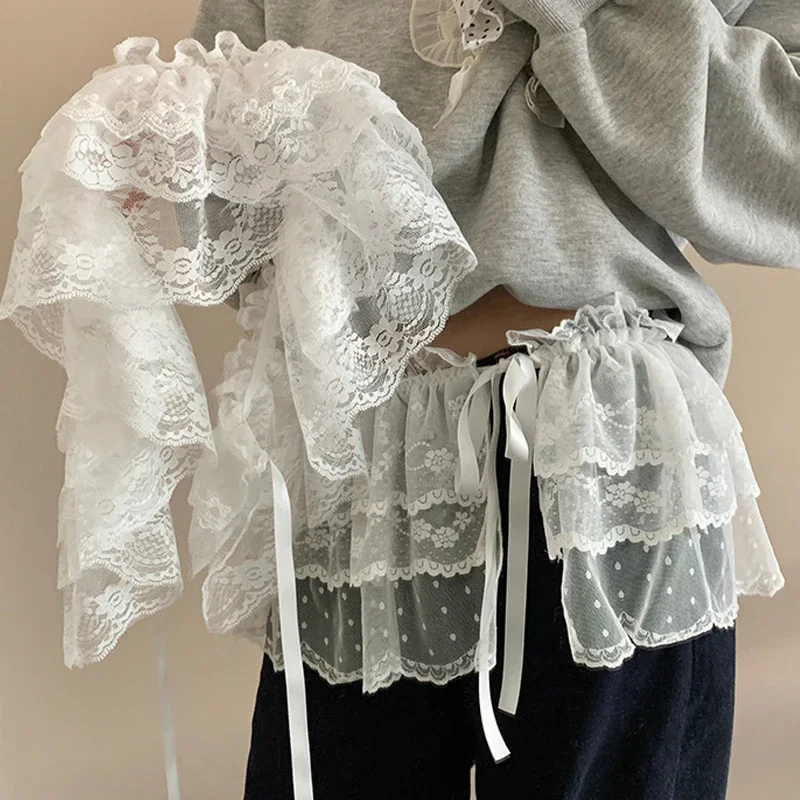 Solid Harajuku White Beige Mesh Lace Skirt Y2k Korean Girl Stacked Skirt Chic Apron Wrap Skirt Lace Up Matching Pants Streetwear