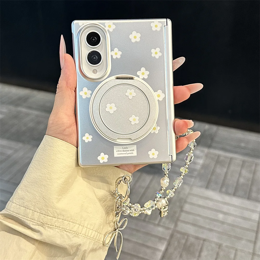 Light Blue Small Flower Phone Case For Samsung Galaxy Z Fold8 With Mirror Bracket Bead Wrist Strap Hinge Hard Foldable Shell