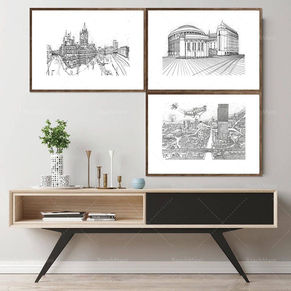 Manchester | British Isles | Cityscape Hand Drawings | Library/City Hall Decor Canvas Print Posters, Landscape Prints