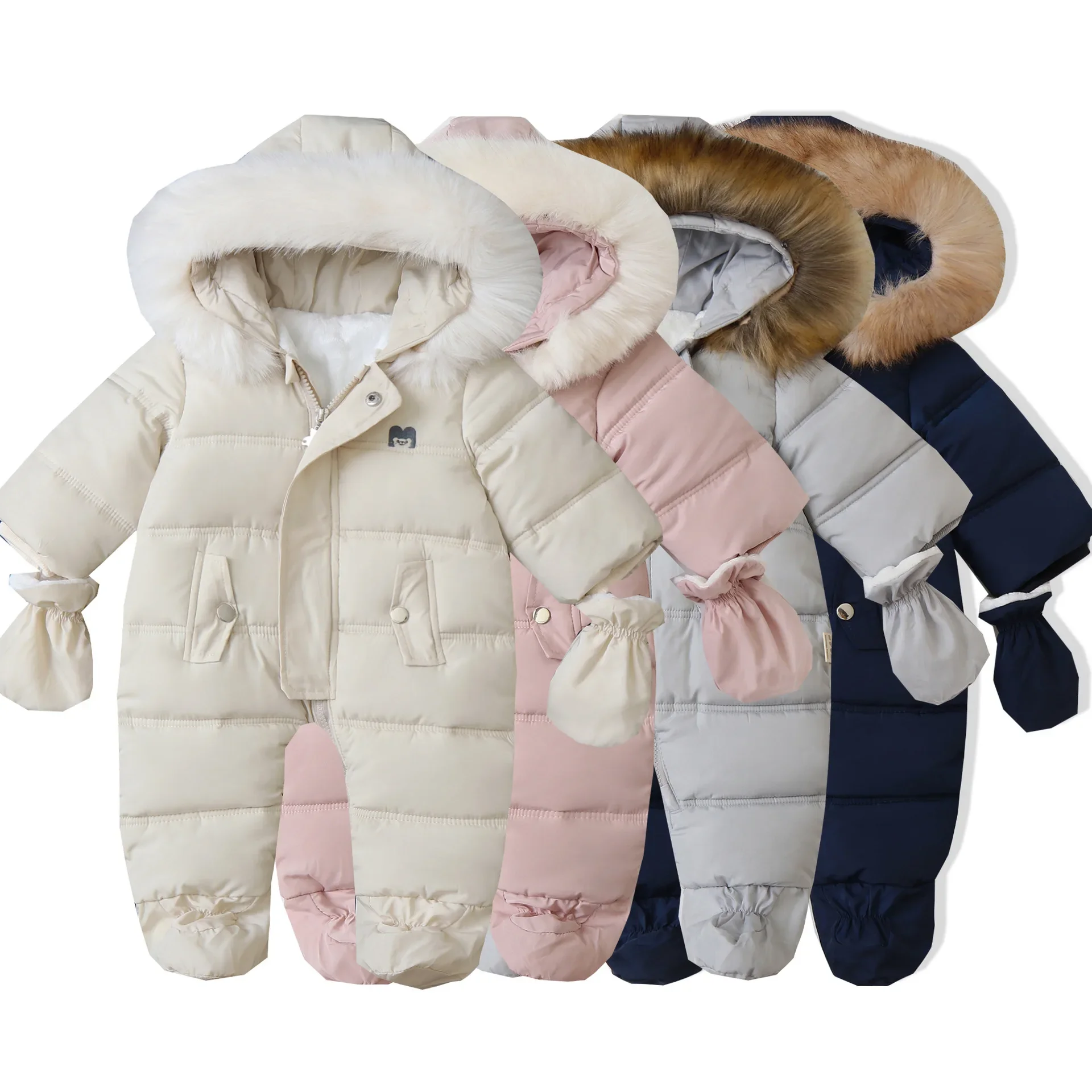 Newborn Baby Romper Footied Winter Thick Jumpsuit Infant Onesie with Gloves Fleece Lining Hooded Boy Girl Clothes Kids Outfit