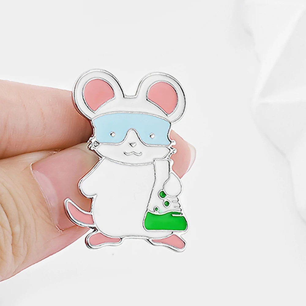 Medsor Cute Chemistry Experiment White Rat Pin Enamel Brooch Lanyard Lapel Backpack Badge Lanyard Accessories for Students