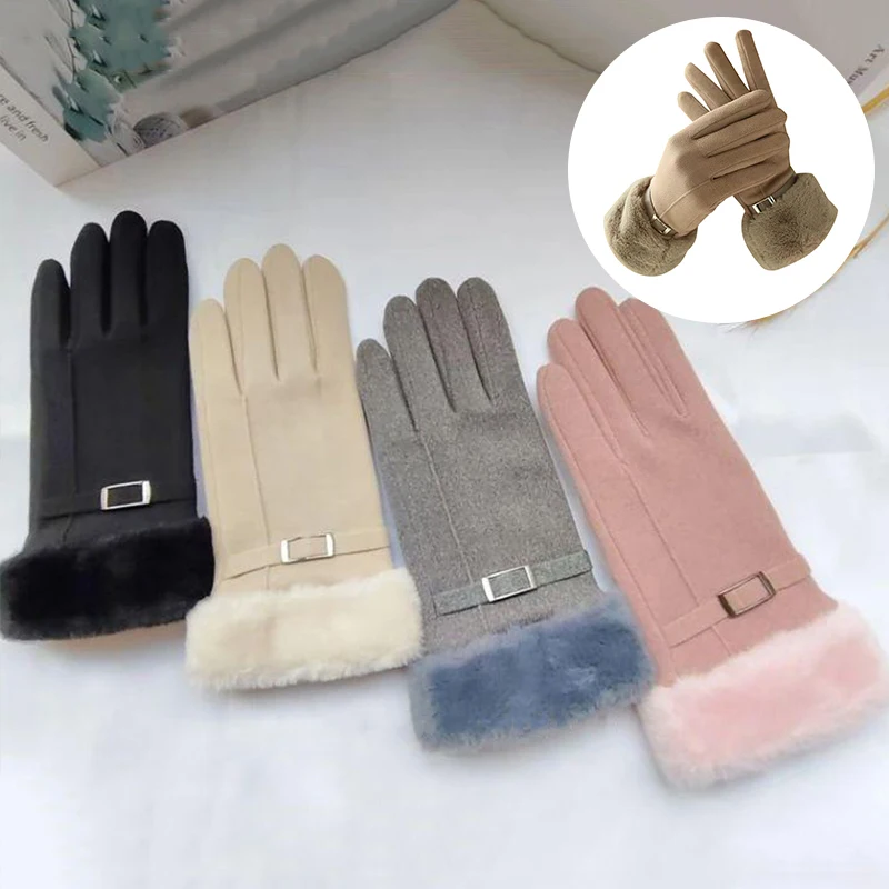 Autumn Winter Warm Suede Gloves Plus Velvet Thickened Plush Decor Cuff Gloves Outdoor Coldproof Touchscreen Riding Ski Gloves