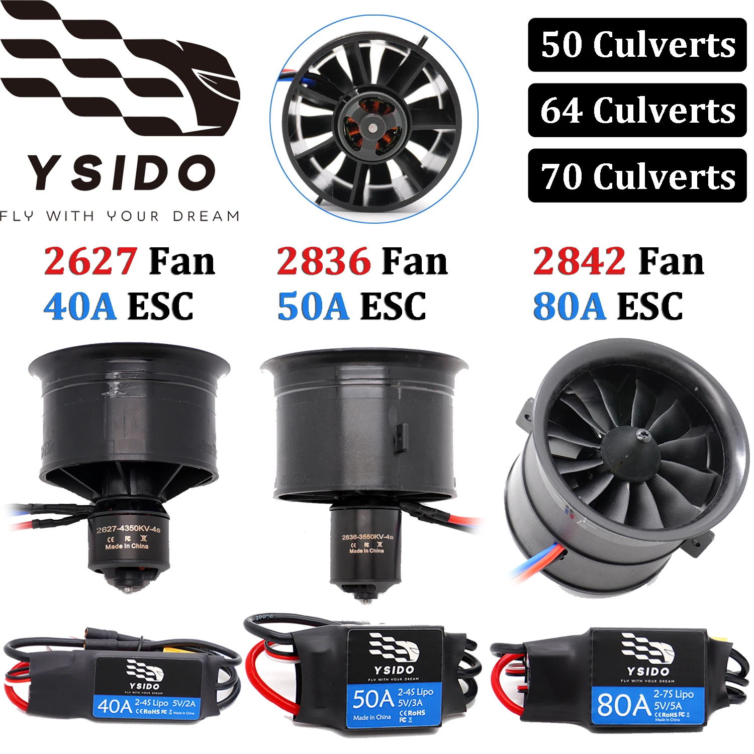 YSIDO 50/64/70mm EDF Ducted Fan 11/12 Blades Brushless Motor 40A/50A/80A ESC Power Combo 3S-6S For RC Jet Airplane EDF Plane