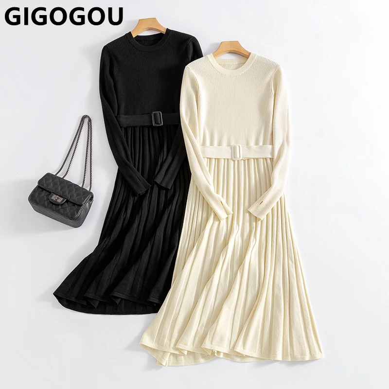 GIGOGOU Chic Long Knit Women Maxi Sweater Dress O Neck Winter Thick Warm A Line Dresses with Belt Woman Pleated Midi Dress