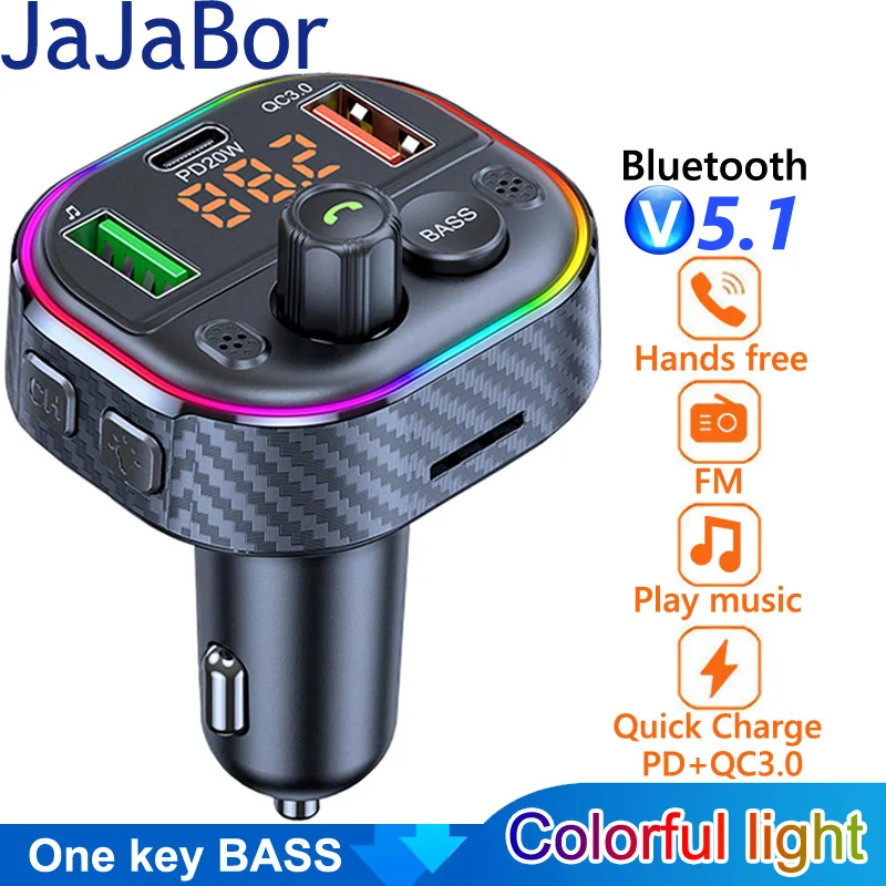 JaJaBor FM Transmitter Stereo Bass Car MP3 Player PD 20W USB QC3.0 Fast Charging Car Charger Handsfree Bluetooth 5.0 Car Kit