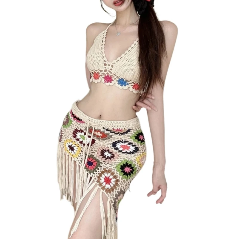 Women Swimsuit Cover Up Hollowed Crochet Halterneck Bra Top and Tassels Skirt