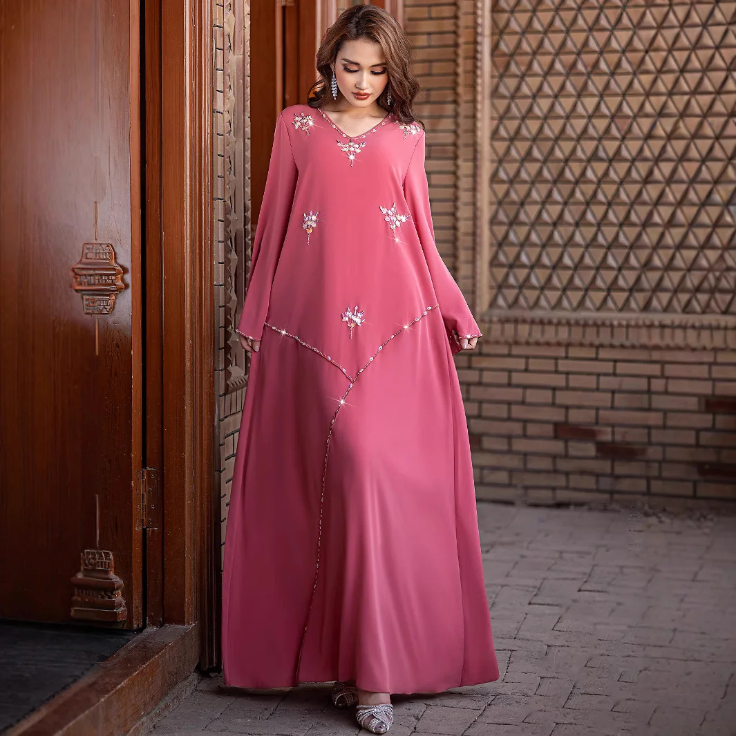 

Eid Ramadan Muslim Chiffon Robe Abayas Elegant Women Saudi Mubarak V-Neck Dresses Jalabiya Kaftan Kebaya Musulman Djellaba Party