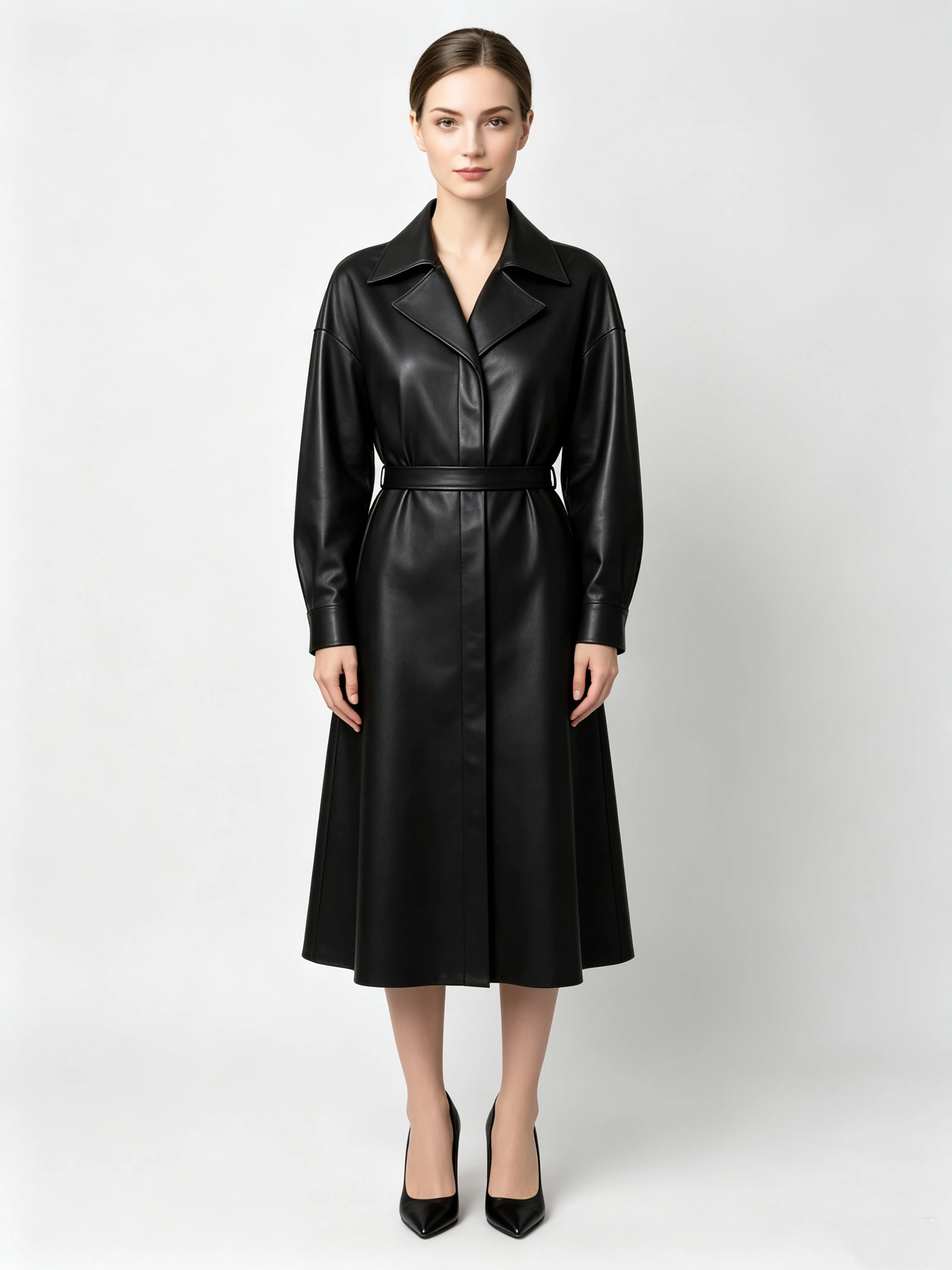 Women's Faux Leather Trench Coat Dress with Notched Lapel and Belted Waist