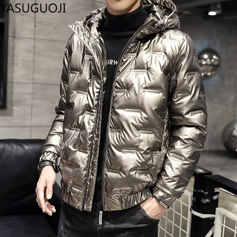 YASUGUOJI Silver Bright Jacket Coat Man Winter Warm Thick White Dunk Down Short Parkas Bread Style Fashion Hooded Jacekts