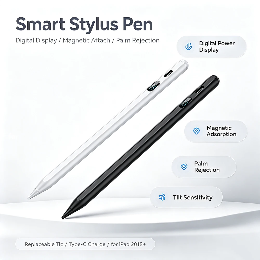 Digital Display Capacitive Stylus Magnetic Adsorption Palm Rejection Tilt Sensitivity Replaceable POM Tip For iPad 2018-2026