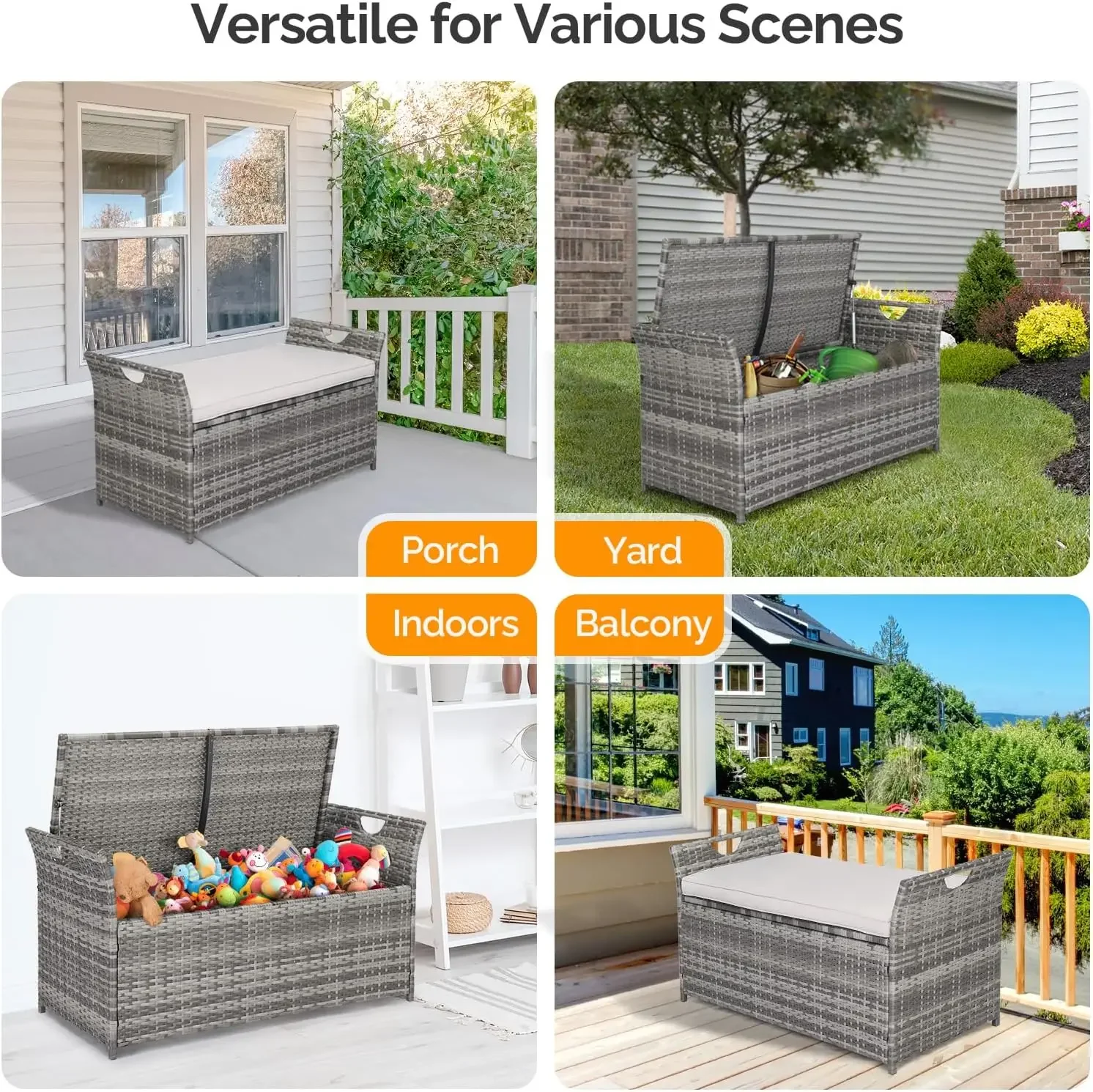 VINGLI 40 Gallon Outdoor Storage Bench with Cushion, Rattan Storage Box, Patio Wicker Deck Box with Seat for Garden | Balcony |