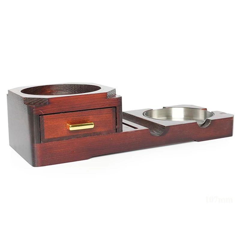 Wooden Cigar Ashtray with Drawer & Glass Holder - alternate angle