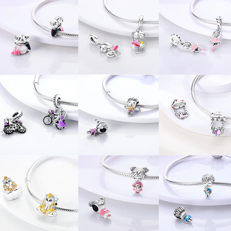 925 Sterling Silber Rosa Ballett-Mädchen Anhänger Junge Mädchen Schwestern Paare Anhänger Passend für Armband DIY Schmuck Original Mode für Frauen – Detail 8