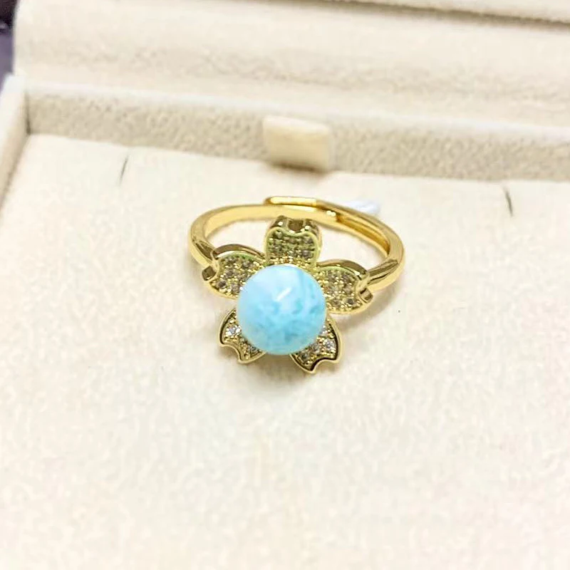 HUAYI, diseños originales, anillo de Larimar Natural dominicano con flores de lujo, joyería de moda chapada en oro de 18k de latón ajustable para mujer