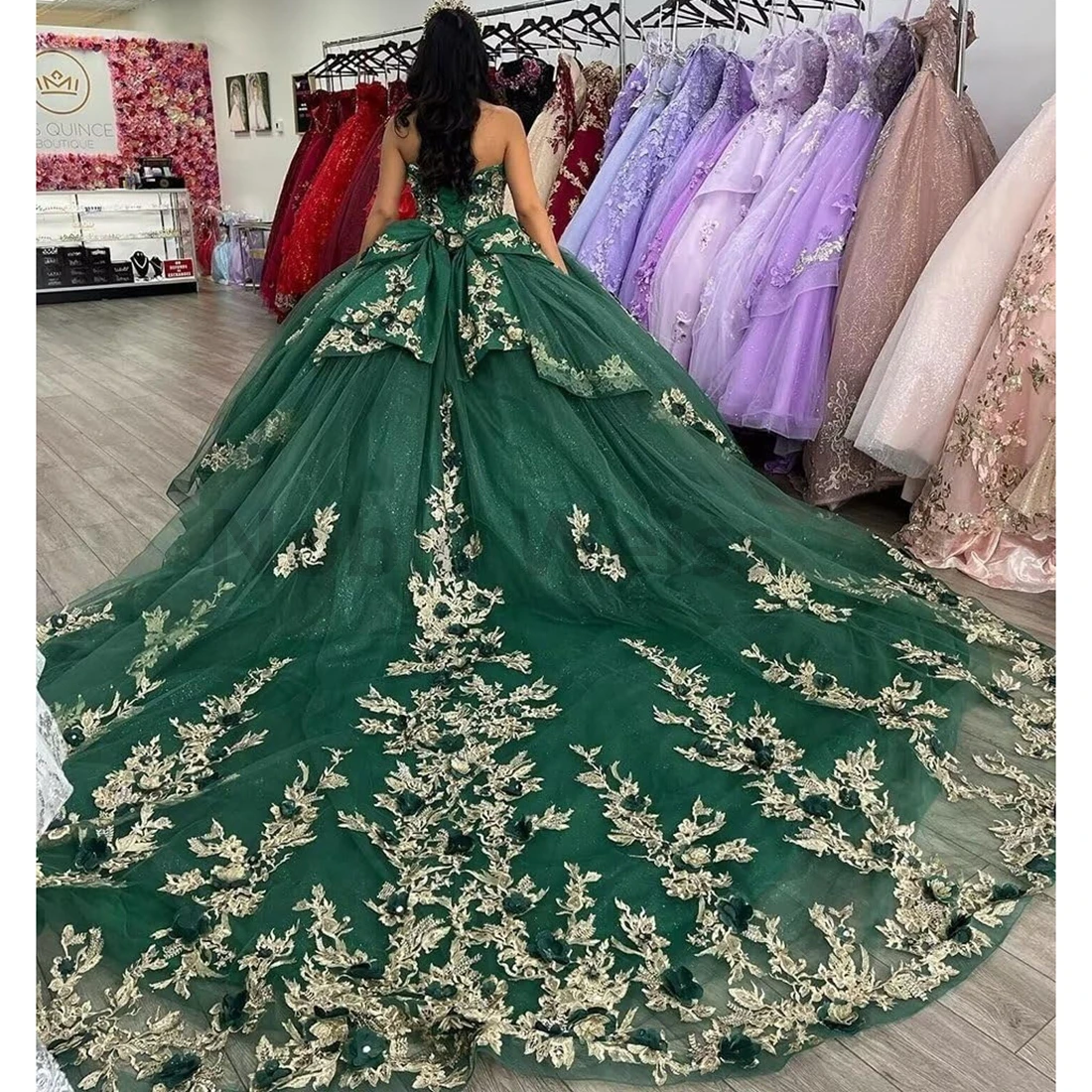 恋人キンセニエラ ドレス チュール ボール ガウン 3D 花のアップリケとリボンのカスタマイズ