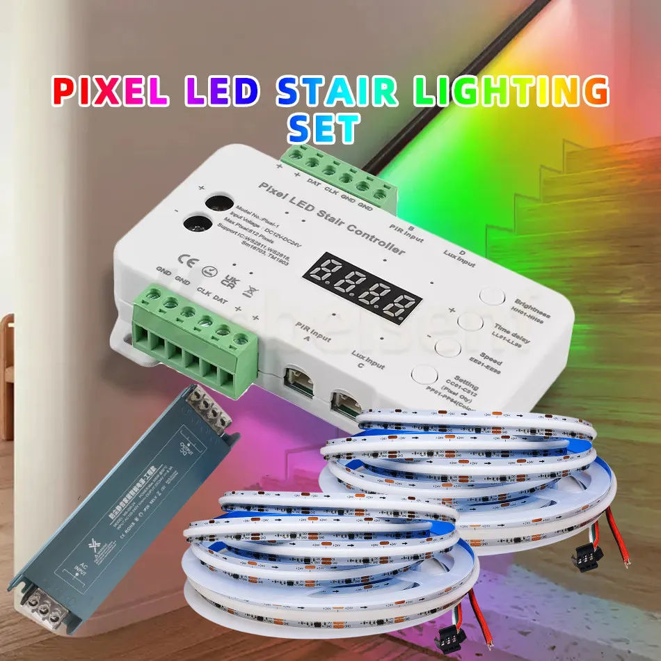 

5m 10m Pixel Stair Light Set PIR Motion Daylight Sensor Staircase Controller + Power Adapter + WS2811 COB Addressable LED Strip