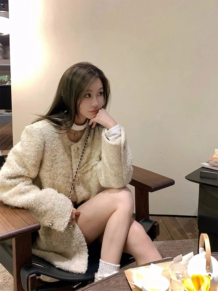 

Lamb Wool Outerwear Women's Fragrance Style Mid-Length Coat Autumn Winter New Arrival Firework Button Design Cozy Top