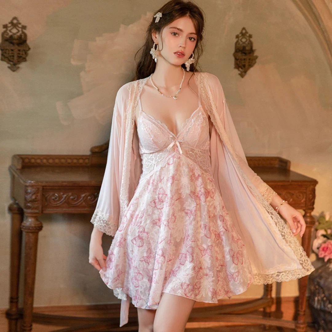 French Sweet Woolen Butterfly Printed Pajama with Chest Mat, Lace Splicing Strap, Sleeping Skirt, Outer Robe, Home Set