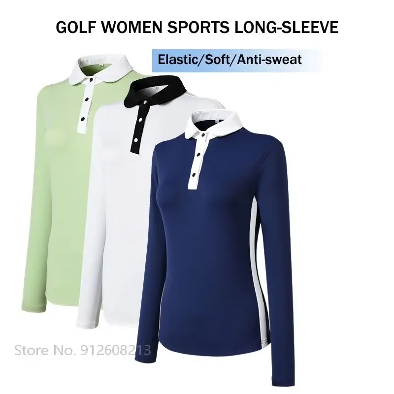 Damska koreańska oddychająca odzież golfowa Lady Golf koszula sportowa z długimi rękawami elastyczna wąska bluzka skręcić w dół kołnierz T-shirt