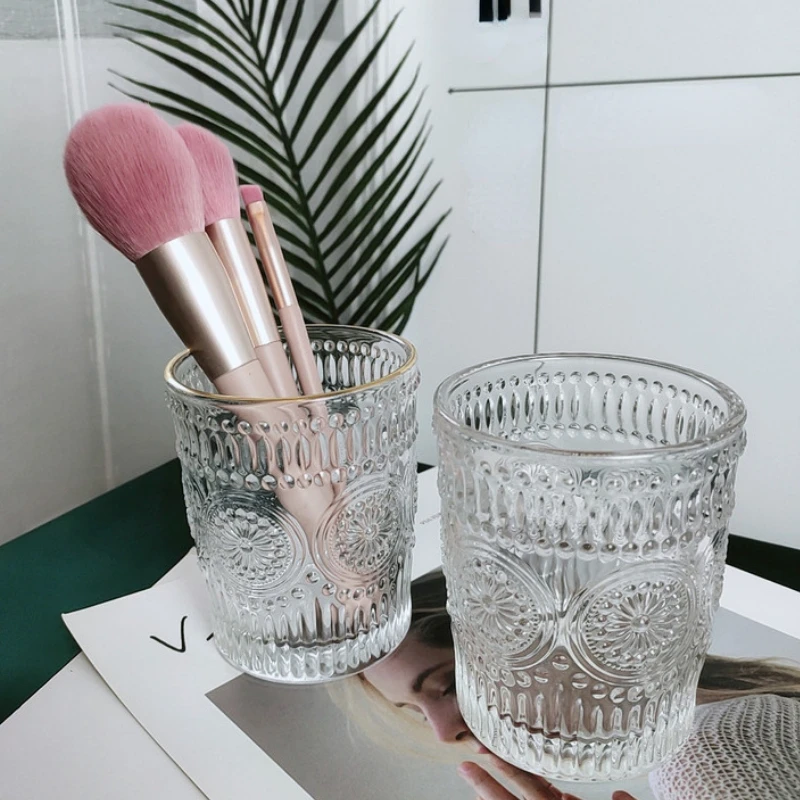 260ml/400ml Embossed Gold Edged Sunflower Glass Cup Makeup Brush Cylinder Desktop Storage Pen Bucket Water Cup Washing Cup