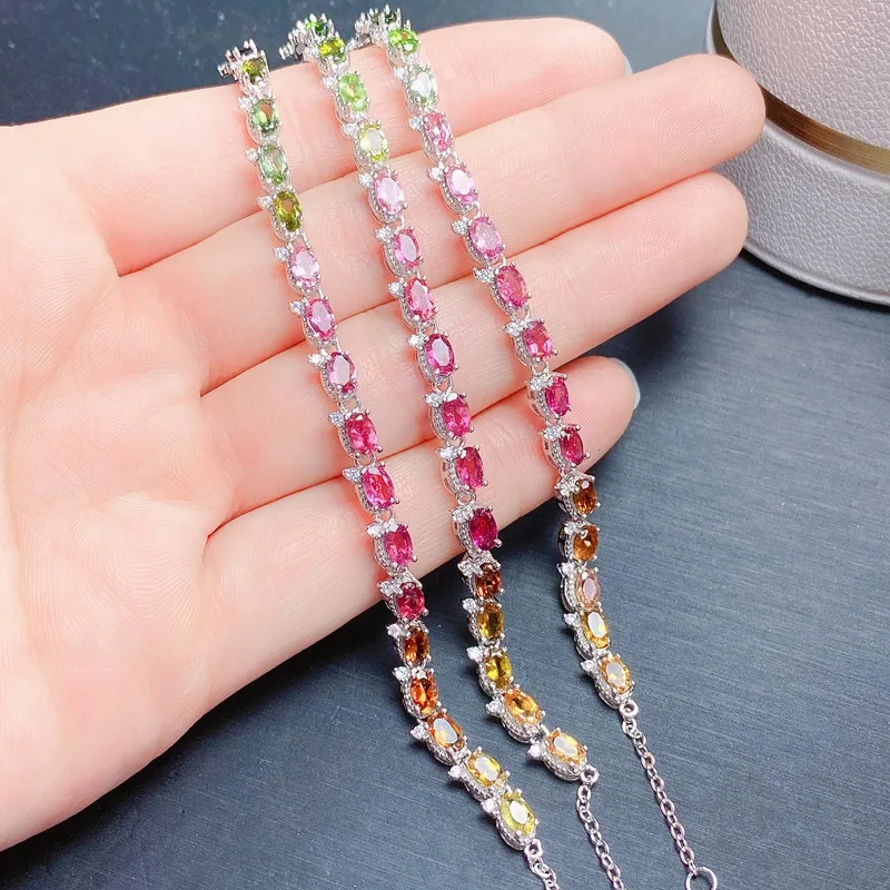 925 Sterling Silver Natural Tourmaline Simple Bracelet Gem Bracelet Ladies Wedding Jewelry 4*6 Mm Jewelry Luxury