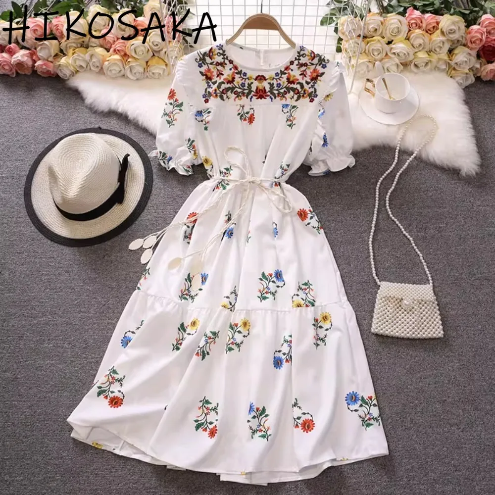 

Summer New Bohemian Vintage Femme Robe Fresh Print Embroidery O Neck Short Sleeve Dress Casual Age Reduction Slim Vestidos