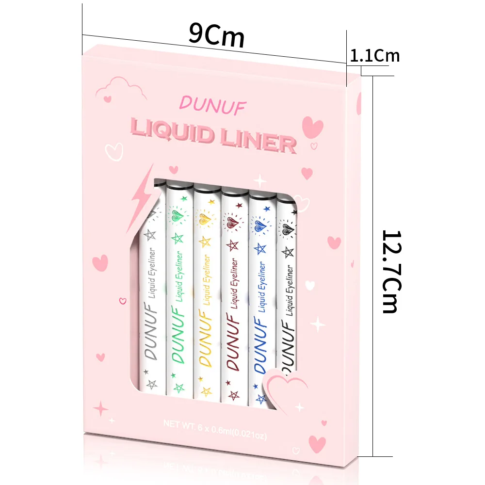 6-teiliges flüssiges Eyeliner-Set, wasserfest, wischfest, lebendige Farben, langlebige Präzisionspitze für geflügeltes Katzenaugen-Party-Make-up