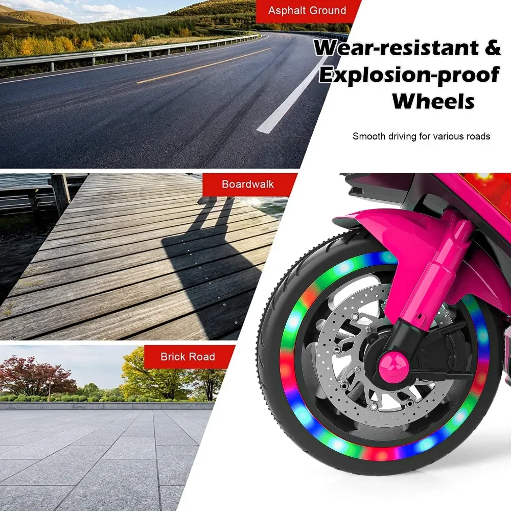 12V Electric Kids' Ride on Vehicles, Powered Toy Motorcycle, Child Motorcycle Ride on With Light Wheels and Bluetooth Music Pink