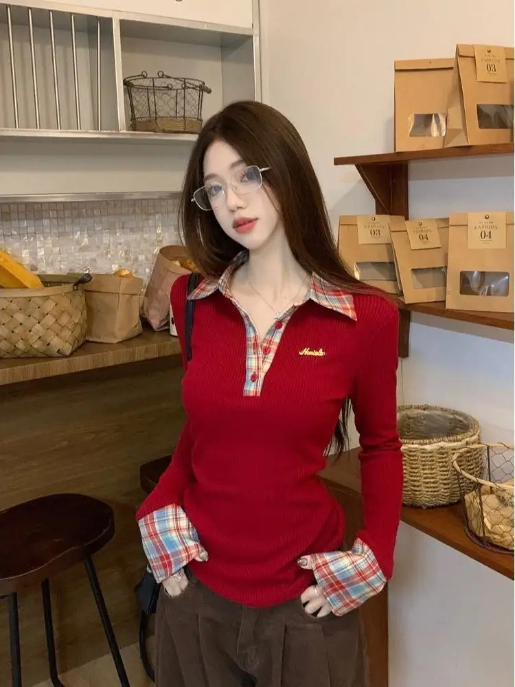 Christmas Atmosphere Plaid Long Sleeve Base Shirt Women's Autumn Winter American Hot Girl Unique inside Long Sleeve Top