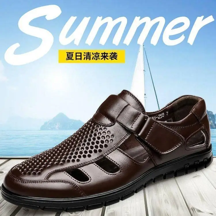 

New Summer Men Sandals Cozy Hollow Non-slip Soft Lighted Breathable All-match Wearable Fashion Work Shoes Casual Leather Sandals