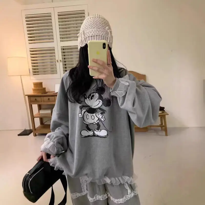 

Милый свитшот с кружевной отделкой Микки, женский осенний серый пуловер 202, повседневный эстетичный модный удобный свободный пуловер из смеси хлопка Y2K