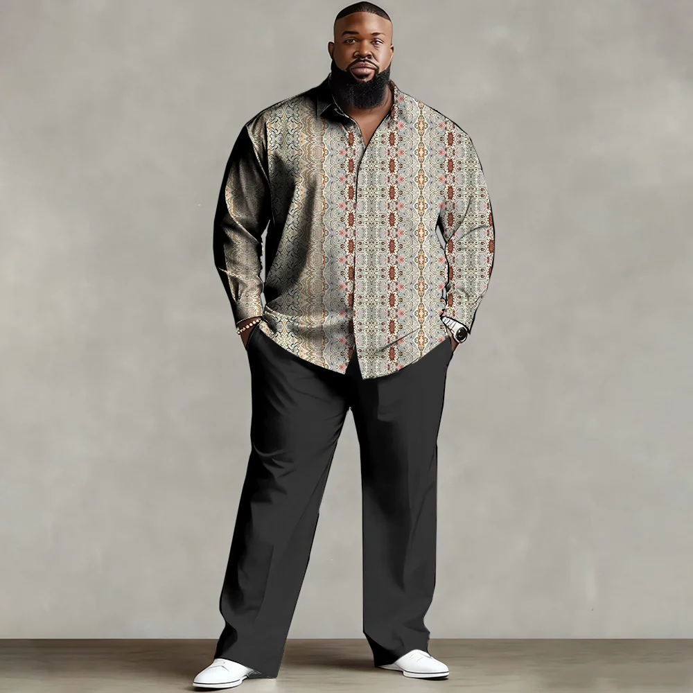 

S-9xl plus size Men's Shirt Set: Ethnic-Chic Style - Soft Cotton Blend, Sleek Tribal Pattern Prints, Wrinkle-Resistant,