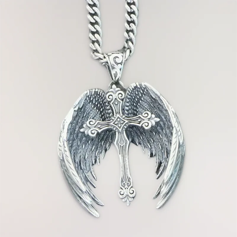 

Men's and women's fashionable personalized wing pendant, pure silver S925 retro dark incandescent angel wing cross necklace