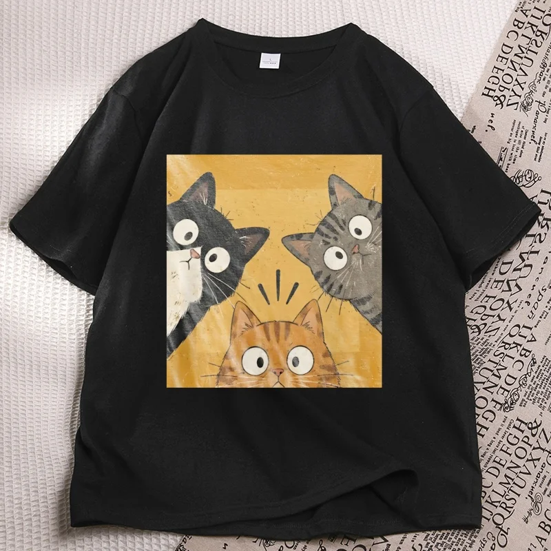 Vintage Funny Curious Cats Graphic Tee Cute Cat Lover T Shirt Casual Round Neck Short Sleeve T-shirts Men Women Clothing