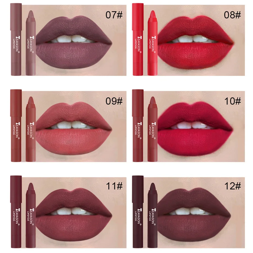 Lápiz labial mate de terciopelo, 12 colores, resistente al agua, de larga duración, lápiz labial rojo Sexy, taza adhesiva, maquillaje, tinte labial, cosmético