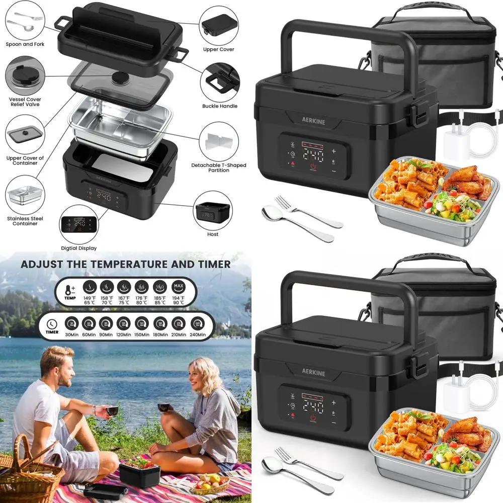 

Portable 75W Rechargeable Heated Lunch Box, 1.5L Stainless Steel Container for Office, Picnic, Car & Outdoors