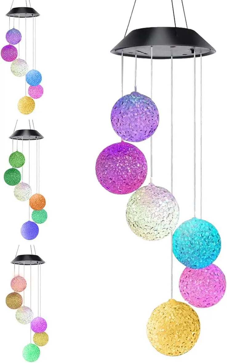Solar Color-Changing Crystal Ball Wind Chime, Waterproof LED Hanging Light for Patio Garden Decor