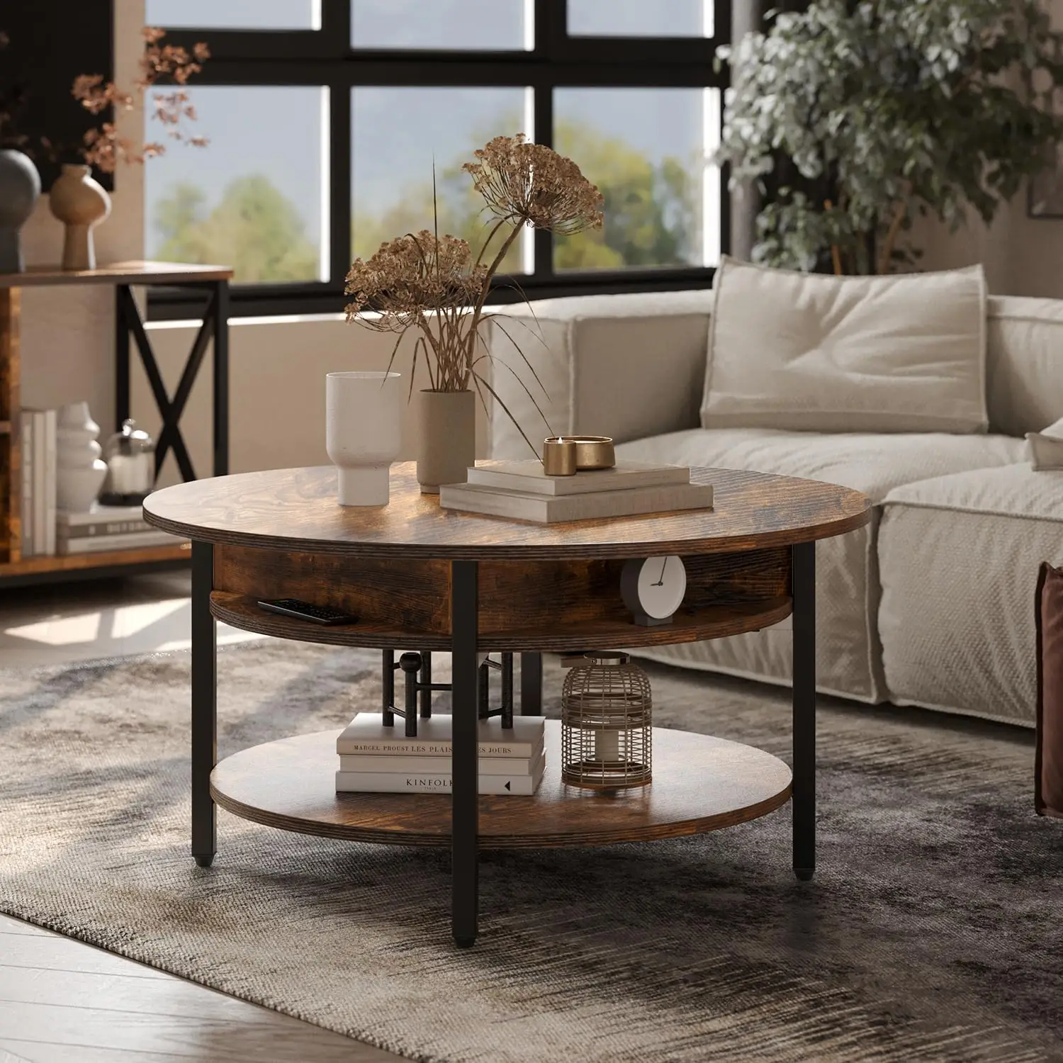 Round Lift Top Coffee Table com Armazenamento e compartimento escondido, Farmhouse Coffee Table para sala de estar, sala de recepção, 26,77"