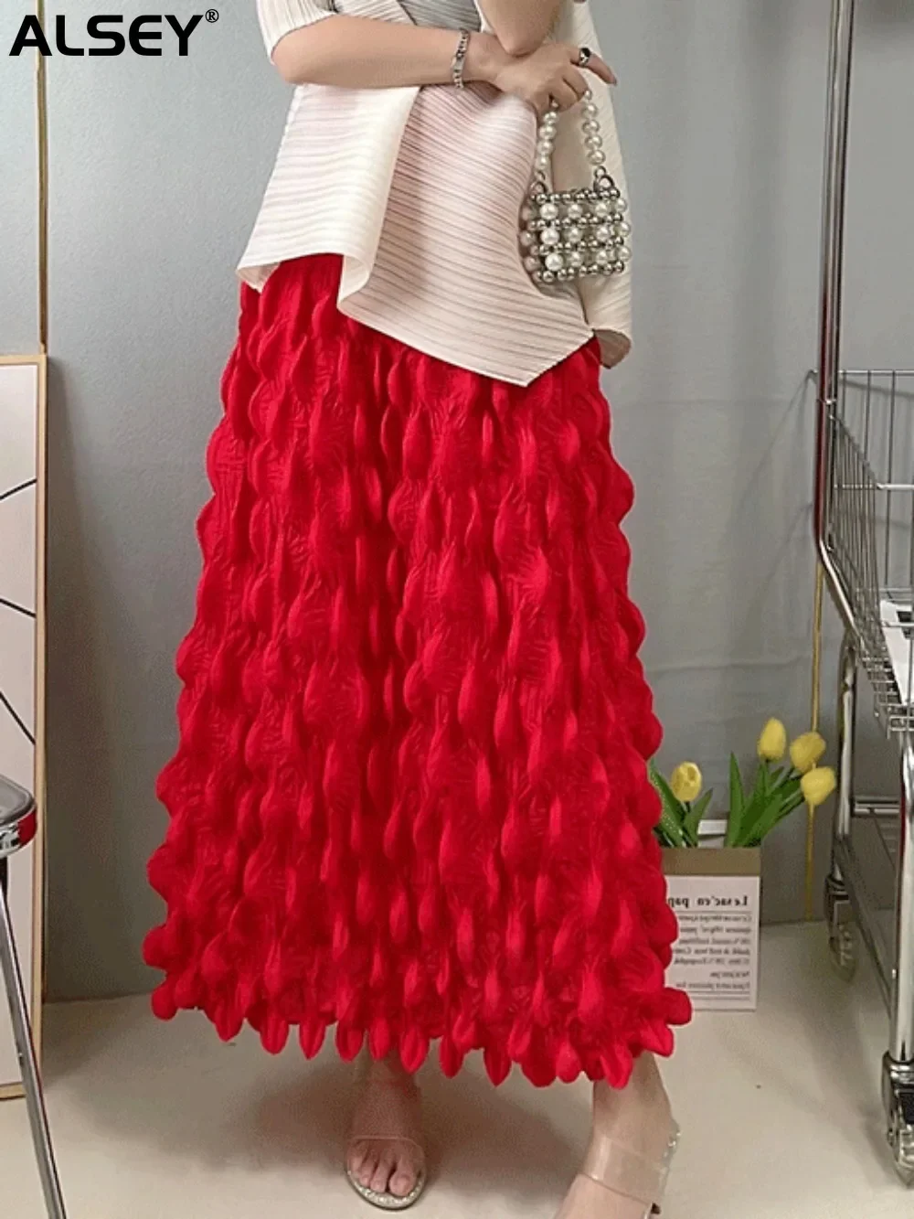 

ALSEY Miyake Pleated 3D Flower Bud Bubble Skirt Women's Summer New Fashion Original Design High Waist Solid Color Cake Skirt