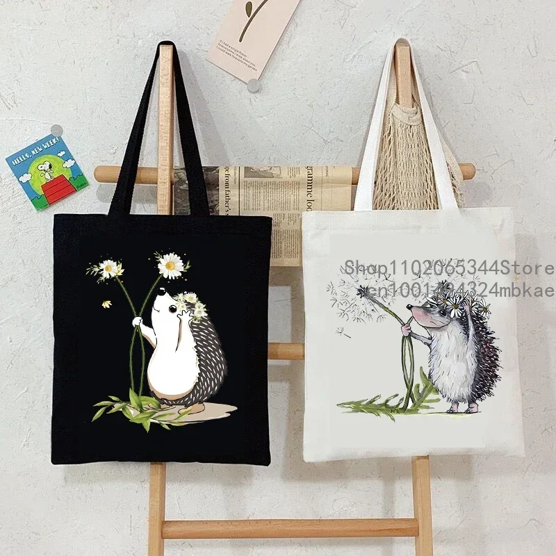 Cute Flower Hedgehog Pattern Tote Bag Women Cartoon Animal Style Shopping Bag Kawaii Hedgehog Canvas Shoulder Bag Lady Handbags