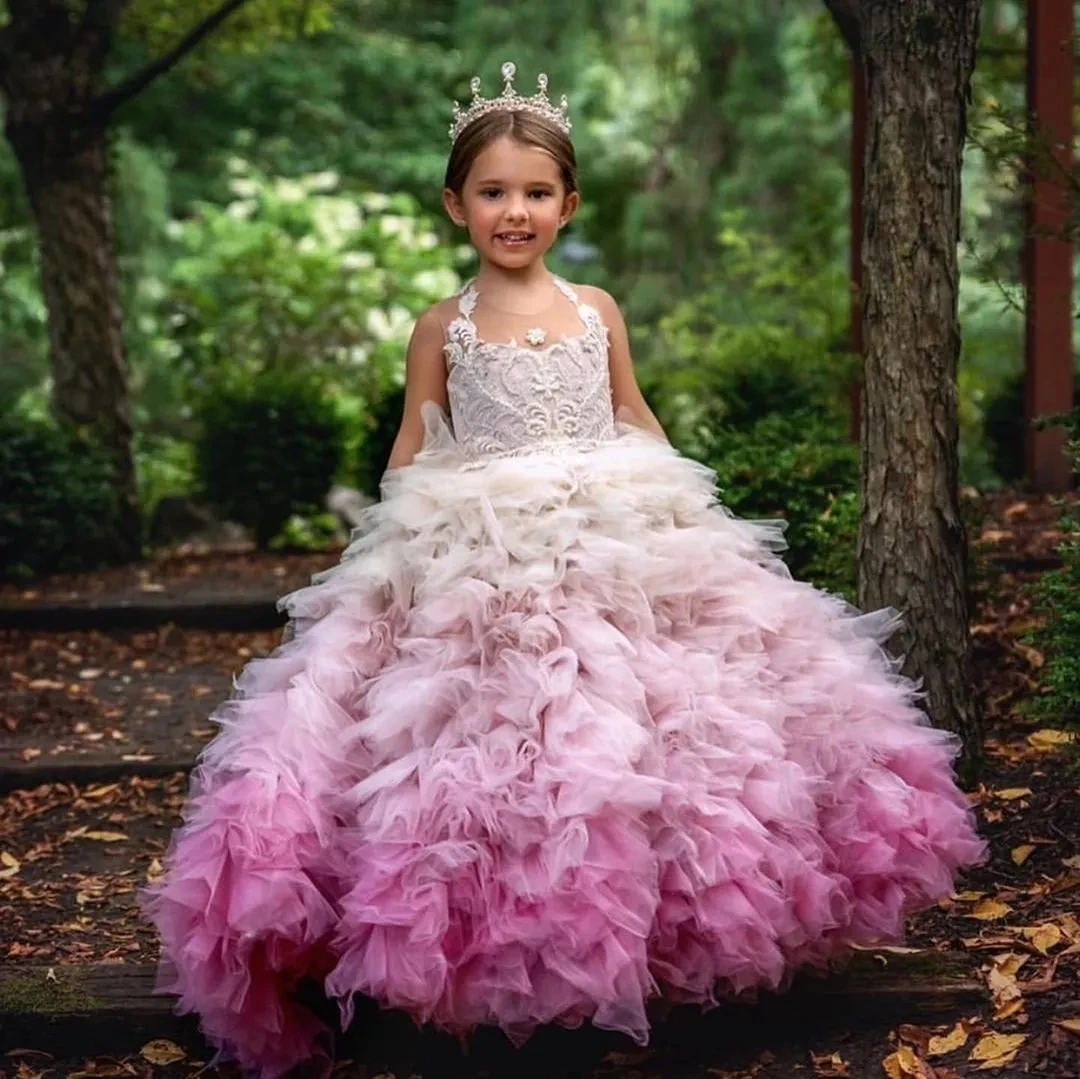 

Pink African Flower Girl Dresses Ball Gown Sheer Ruffles Lace Baby Little Girl Peageant Dress Gowns For Black Girls