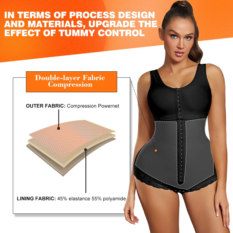 Women Firm Postpartum Tummy Control Body Shaper Chest Support Butt Lifter Post-op Shapewear Bodysuit Faja With Adjustable Hooks