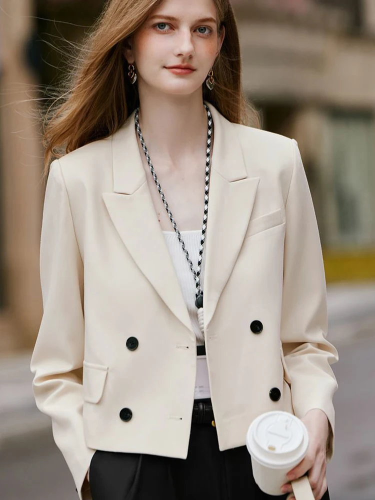 

Women Crop Blazers Solid Simple Office Lady Spring Autumn Long Sleeve Suit Jacket Double Breasted Fashion Elegant Female Coat